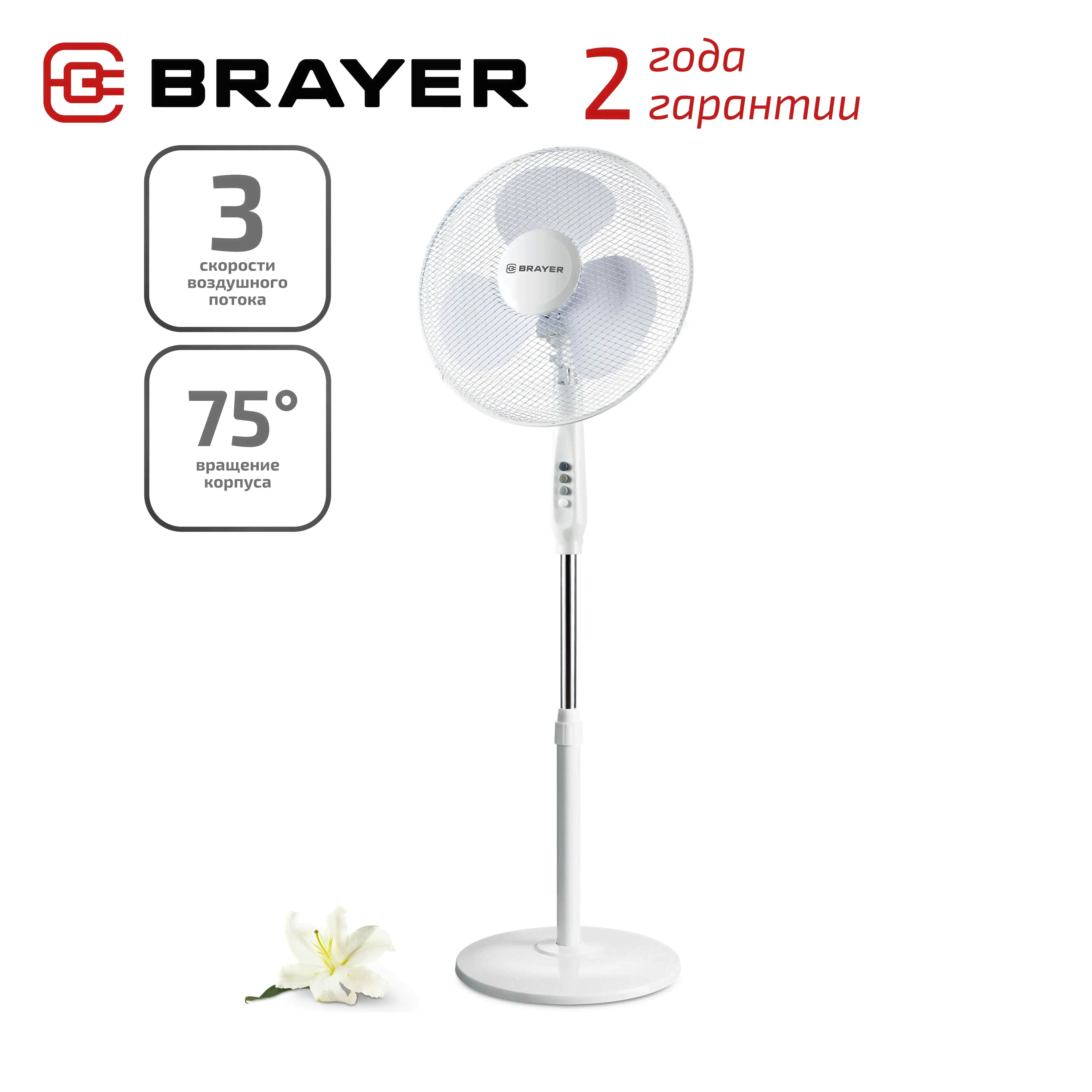 Вентилятор напольный лопастной с регулировкой cкорости BRAYER BR4961WH белый